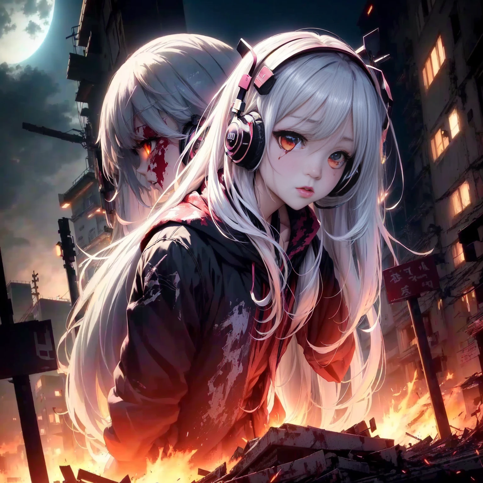 Put on your headphones、An anime girl with a bloody face stands in front of a building, Anime Style 4k, 4k anime wallpaper, anime wallpaper 4k, anime wallpaper 4k, Anime Art Wallpapers 8K, anime art wallpaper 4k, anime art wallpaper 4k, Ultra HD Anime Wallpaper, Nightcore, Best anime 4k konachan wallpaper, HD Anime Wallpaper
