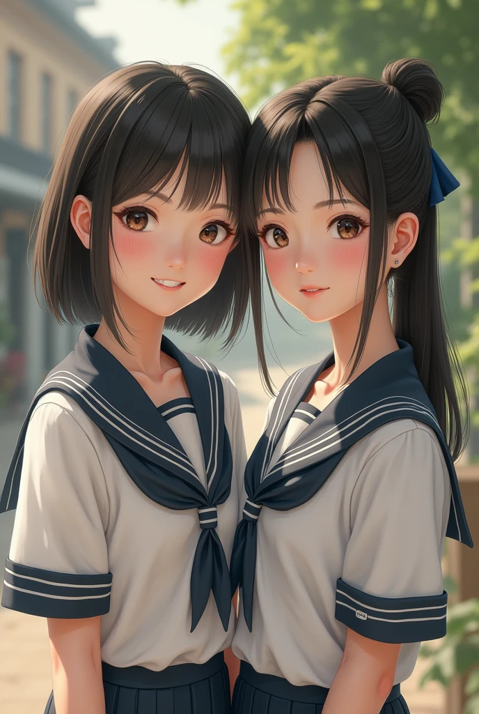 Generate a realistic girl image who wear uniform and go to with his friend a beautiful girl who is very innocent , pure and beautiful it's look like real Asian