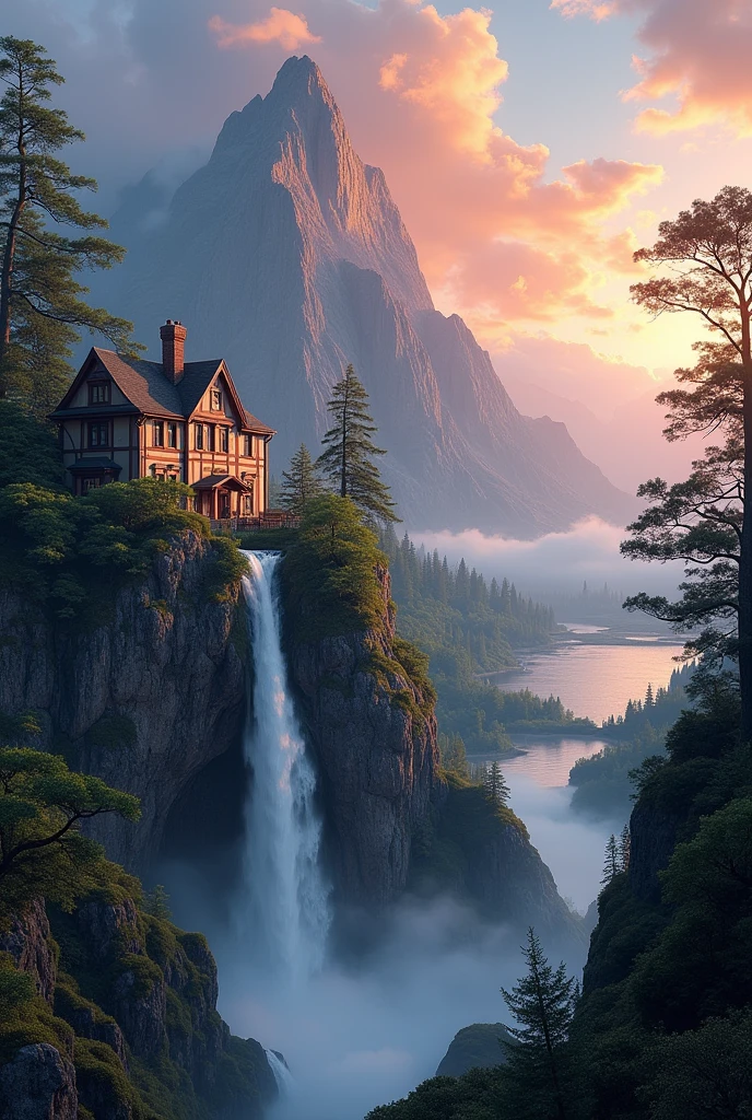Create a landscape with a waterfall on a mountain and on the left side of the image a British style house near the peak of the mountain and in the background of the house a sunset and a distant lake