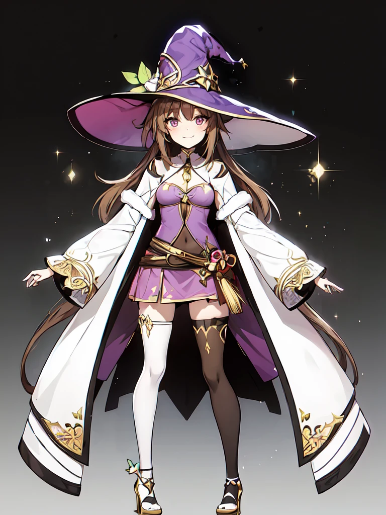 "ung magical woman, 26 years old, long brown hair, aquamarine almond-shaped eyes, smiling and looking directly at the viewer. Wearing a fashionable onee gyaru outfit: a short skirt reaching up to the abdomen, puffy poet-style sleeves, red pantyhose, and gold high heels. Her look is enhanced with magical elements, including glowing mystical patterns, a witch's hat, and enchanted accessories, depicted in an art style similar to Genshin Impact. Full-body view, standing confidently on a plain white background, with rich, vibrant colors and soft, mystical glows highlighting her figure and emphasizing her magical, witch-like appearance."