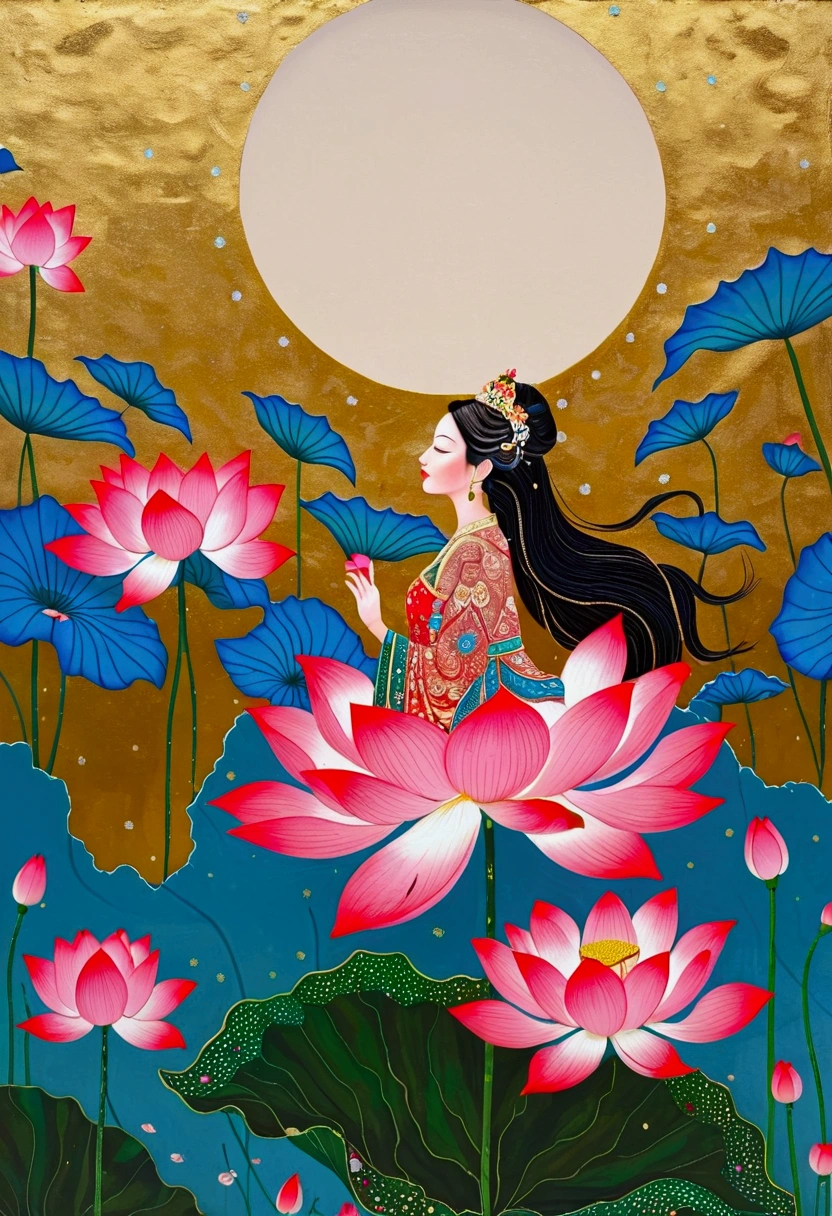 There is a big pink flower,There are many different patterns on it, pink lotus queen, Gilded Lotus Princess, Standing gracefully on the lotus, Meticulous painting, View from below, paper cut out collage artwork, Lotus, intricate Meticulous painting, Raqib Shaw, Beautiful and complex, Beautiful paintings, Inspired by Nagasawa Rose
