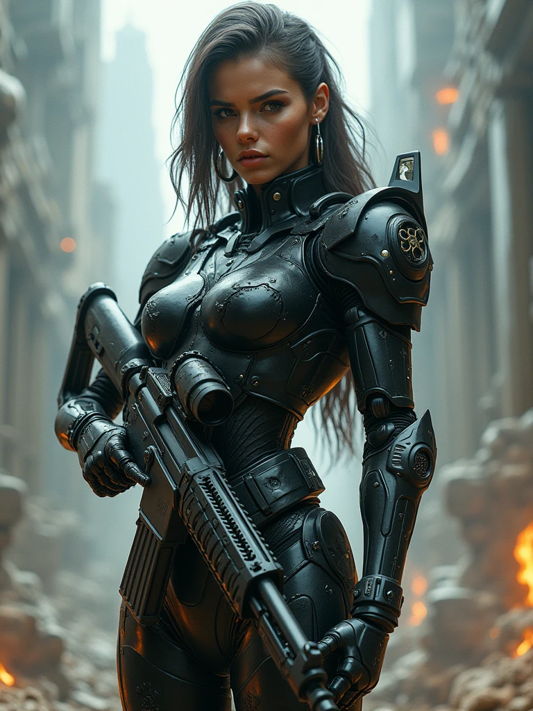 naked woman, with black military cyborg style armor, ultra realistic, holding a high caliber rifle, random environment -imagine- 
