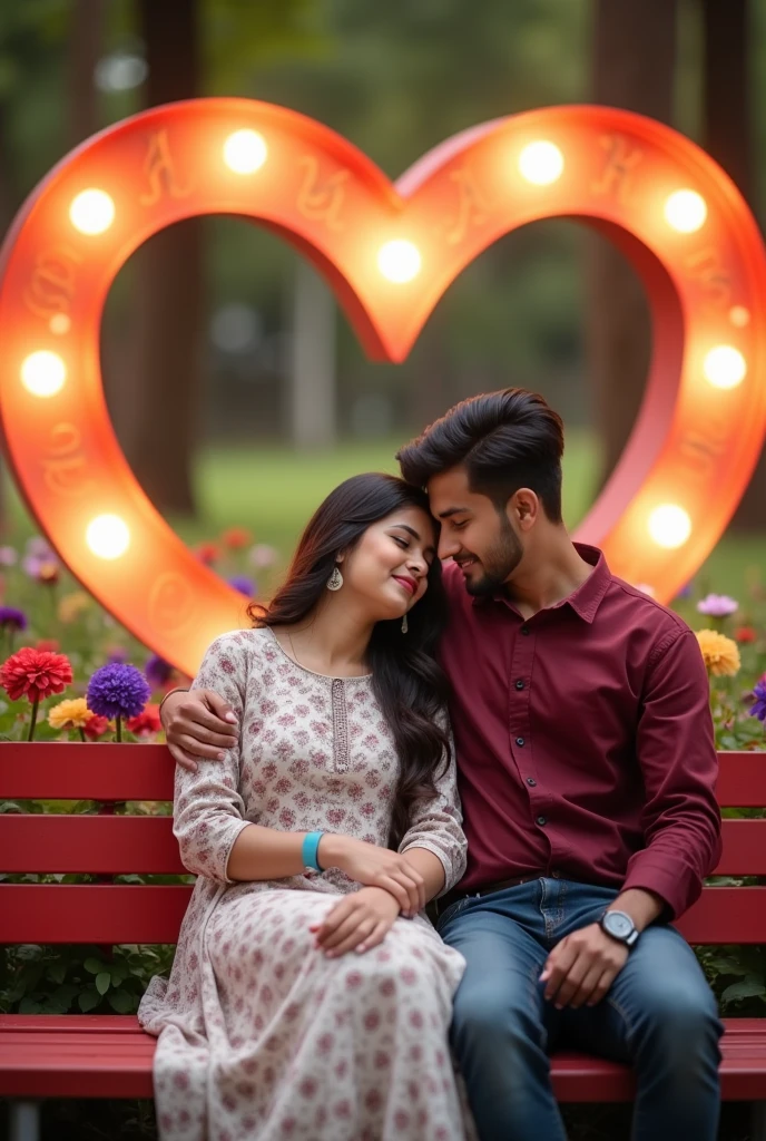 19 years old girl is sitting on red colour banch in a beautiful park and 20 year old boy is lying on girl lap looking each other with smile in love Park, littel down in your wast, beautiful big 3d lighting love hart in background, beautiful flowers in park. boy wearing maroon shirt. The girl wearing white and maroon flowers printed kurti, with smart watch. with name khushi & abhi written on hart. they are looking so Pretty, cute, indian, beautiful chest. High quality 4k pictures”