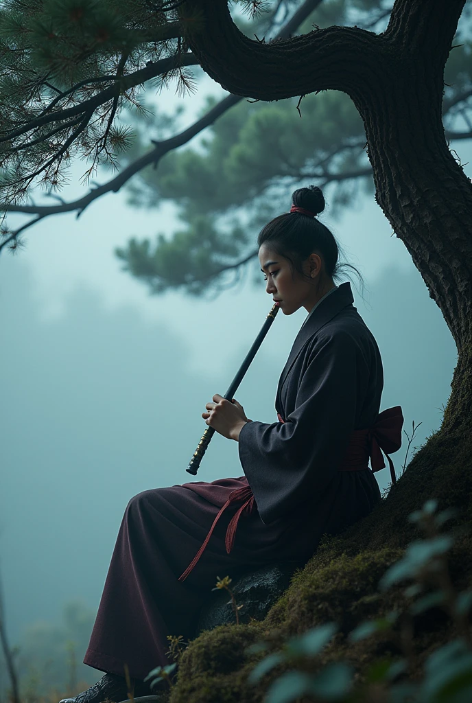 A lone samurai sitting on a stone under a Japanese pine tree, deeply absorbed in playing the Japanese shakuhachi flute, beautiful detailed eyes, beautiful detailed lips, extremely detailed face, long eyelashes, traditional Japanese clothing, cinematic lighting, dramatic shadows, mist and fog, moody atmosphere, intricate details, highly detailed, 8K, masterpiece, digital art, concept art, realistic, photorealistic