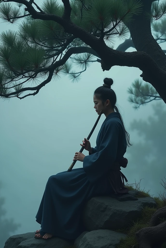 A lone samurai sitting on a stone under a Japanese pine tree, deeply absorbed in playing the Japanese shakuhachi flute, beautiful detailed eyes, beautiful detailed lips, extremely detailed face, long eyelashes, traditional Japanese clothing, cinematic lighting, dramatic shadows, mist and fog, moody atmosphere, intricate details, highly detailed, 8K, masterpiece, digital art, concept art, realistic, photorealistic