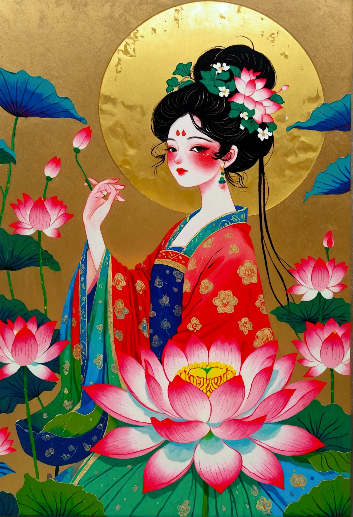 There is a big pink flower，There are many different patterns on it, a Meticulous painting inspired by Nagasawa Rosetsu, Recommended on Behance, Cloisonnism, pink lotus queen, Gilded Lotus Princess, Standing gracefully on the lotus, Meticulous painting, View from below, paper cut out collage artwork, Lotus, intricate, Raqib Shaw
