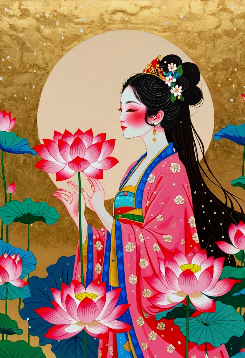 There is a big pink flower，There are many different patterns on it, a Meticulous painting inspired by Nagasawa Rosetsu, Recommended on Behance, Cloisonnism, pink lotus queen, Gilded Lotus Princess, Standing gracefully on the lotus, Meticulous painting, View from below, paper cut out collage artwork, Lotus, intricate, Raqib Shaw