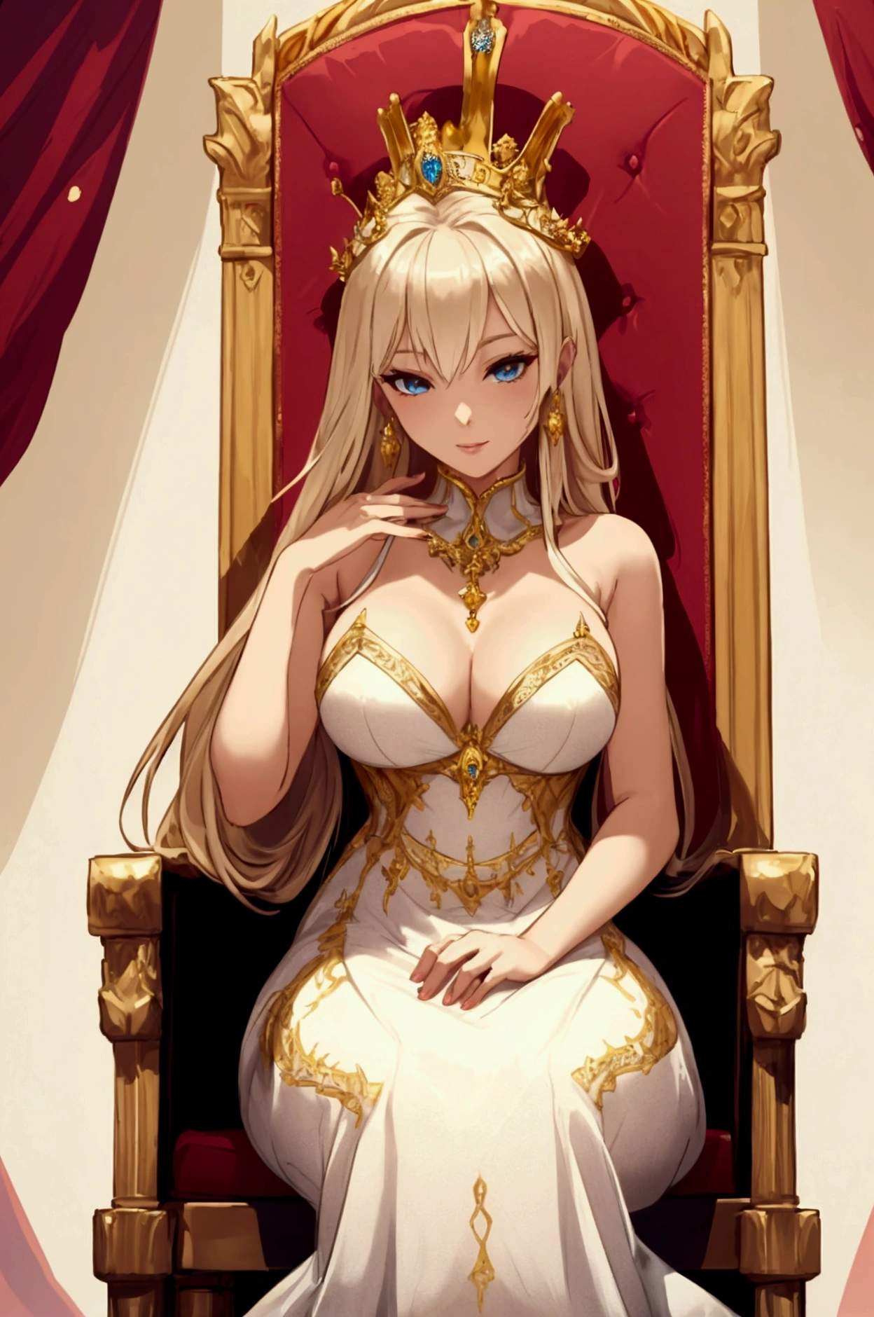 Woman sitting on a queen's throne, luxurious throne room, royalty clothes. masterpiece, beautiful woman, wide breasts, perfectbody. royalty clothes, white dress with gold details, open neckline, sleeveless