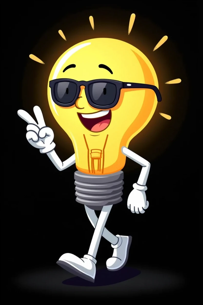 (cartoon:1.2), light bulb; walking with style; wearing sunglasses; with white arms and legs; on his hands he has white gloves; makes the looser sign with one hand; is smiling; in the background there is a flat black color
