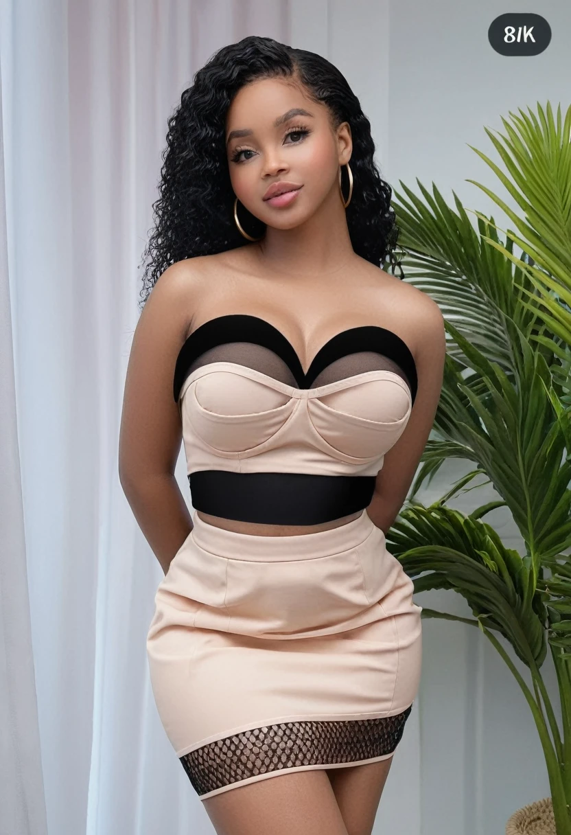 ((Best resolution)), ((high quality:1.2)), Work of art, 8k, extremely detailed, ((natural HyperRealistic, natural color, natural light)), ((High detail:1.2)), (HotLexi), Solo, ((Angolan female with 24 years)), ((cropped strapless, pencil skirt)), (round silicone breasts),