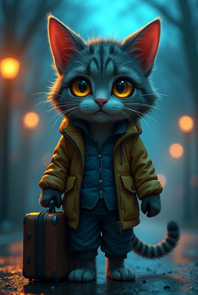 “Creates an image of an anthropomorphic feline character, a cat with watery eyes, rosy cheeks, soaked eyelashes, emotional expression, intense sadness, tears, realistic textures, very refined details, holding his suitcase full of things, walking alone on the street, trees in low light. Around him, the cat has a neon light effect.