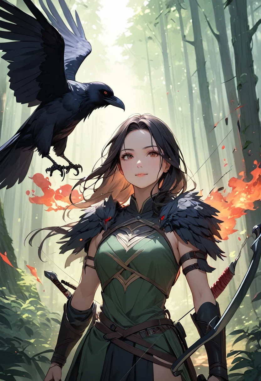 (masterpiece:1.5),(Beat quality),(high res),1girl solo,beautiful face,smile,upper body,Warrior Woman,Holding a bow,inflammation,Crow,forest