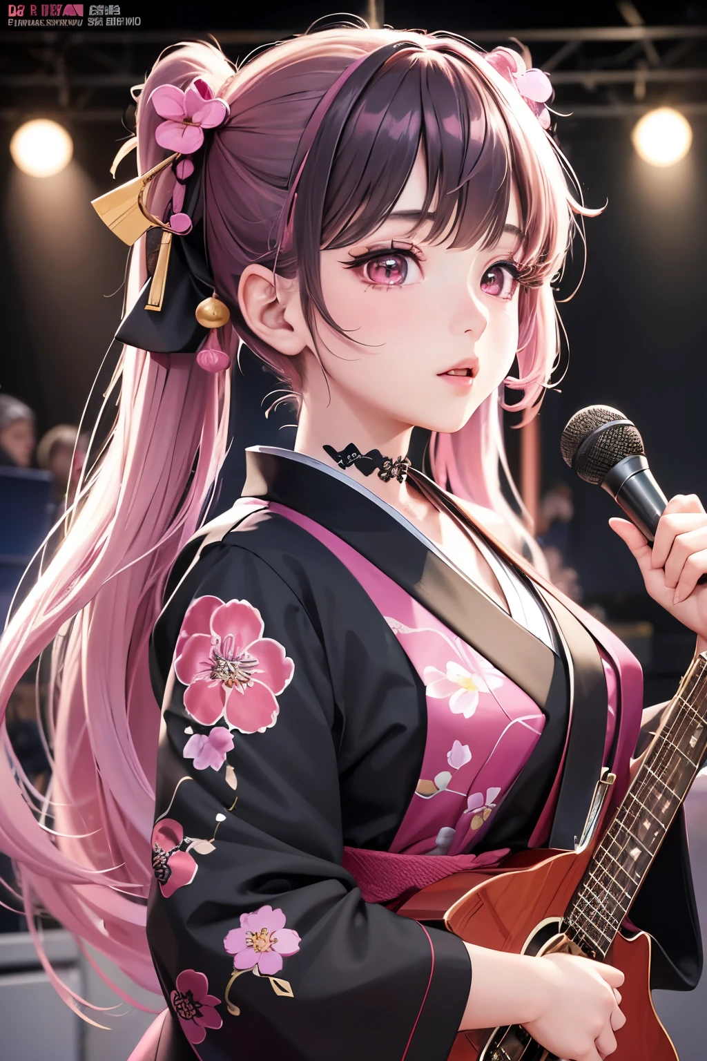 masterpiece, best quality, very detailed, high resolution, expensive resolution, high resolution, 4K, 8k, Unity 8k wallpaper, highly detailed CG, masterpiece, 2D, 3D, beautiful details, depth, fine texture, best quality: 1.3, perfect focus, crispy skin, he,
Very cute anime girl, girl playing guitar vocals in a band wearing a Japanese fancy floral haori hakama, on outdoor stage, full body, expensive pink and black short twin tail hair, mole under eye, looking at the viewer, expensive, blush, mole, lips open, , heart choker, pink eyes, guitar vocals, stage