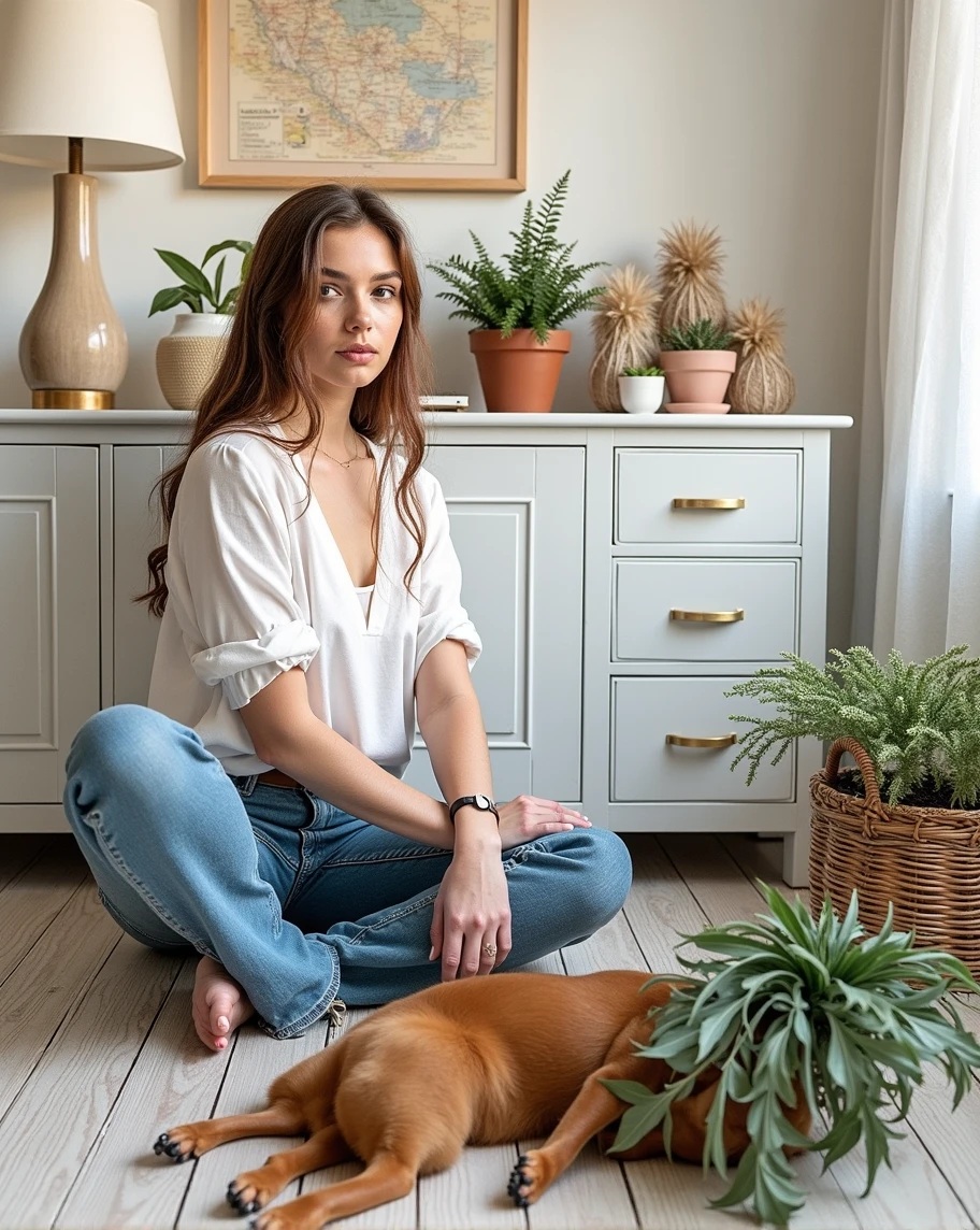 Beautiful 18 year old woman sitting, long brown hair