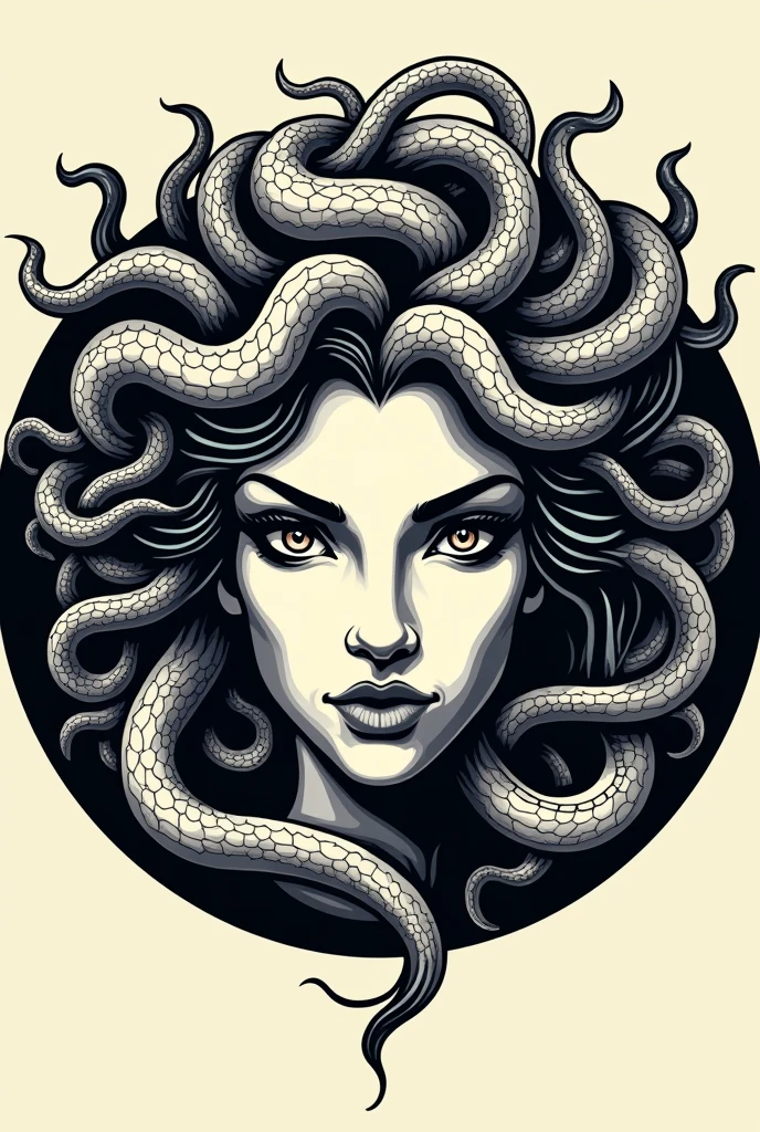 Gorgon Medusa, the ancient greek, woman head logo. Vector illustration of a female face inside a Versace-style circle