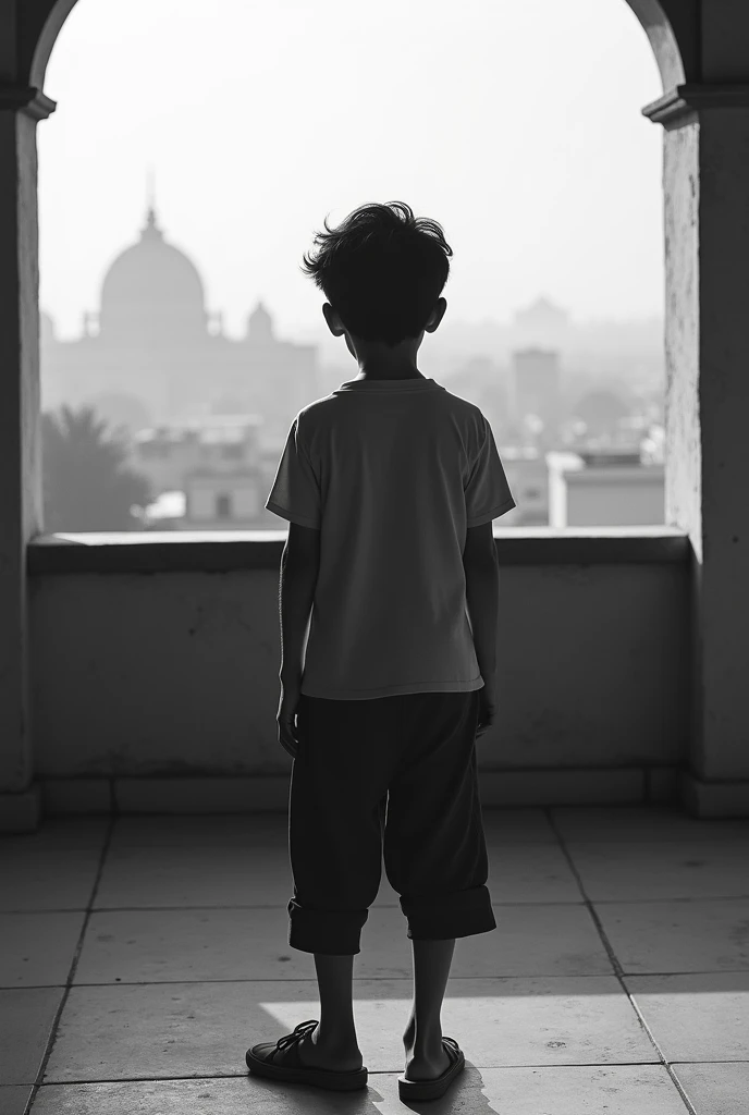 A 12 year old boy standing in terrace black photo indian boy