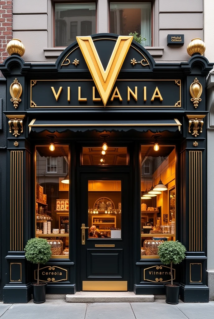 Create a cereal bar store front with a sign "Villania" with a logo with 2 Vs in black and gold