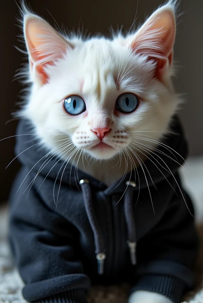 Adult male cat dressed in soft and cute clothes, Has bright blue eyes and long white hair, Wearing a black hoodie