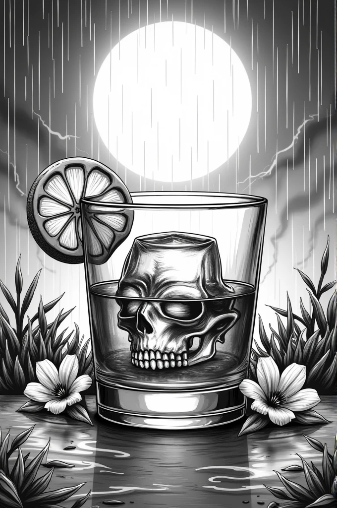 Whisky glass with skull picture ice cubes and straw with lemon slice on the rim. In the background rain sun lightning .Weather. snow. black-and-white. White in the background.comic drawing.with flowers on the edge .
