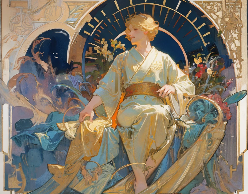 1 guy, blond, sits in a pose from the painting by Alphonse Mucha "Seasons" summer, (Designed by nty:1.4),(solo), Yoshitaka Amano character design, solo, satanic、tmasterpiece: 1.7, top-quality、(highly detailed CG、ultra - detailed、The best shadow:1.1)、solo、