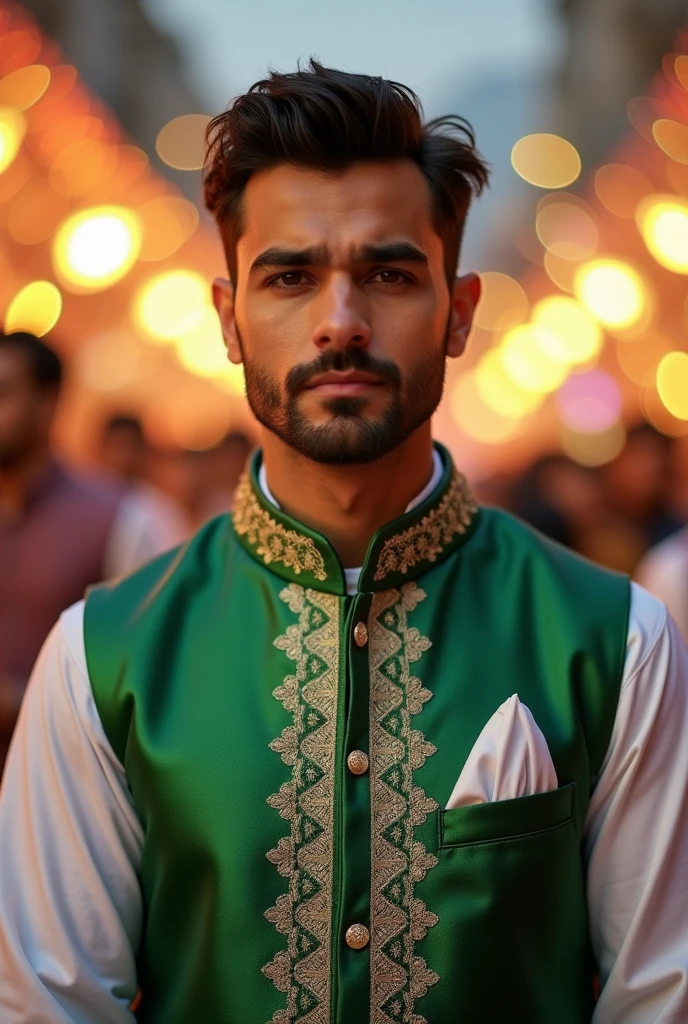 a handsome beautifull man, dressed in a outfit of white kurta shalwar and shining designed green jacket or wastecoat
, embodying the essence of "Jash e Azadi." The background with blur lights and celebrations representing the festive spirit of independence. ..
image lighting should should be white face daytime