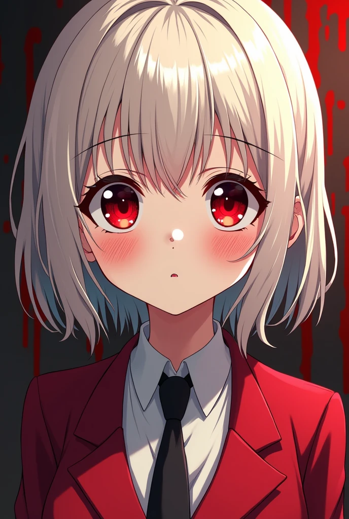 Write the word OKIDOKI in a gothic style so that it looks like a bloody signature and in the background there is a blonde white girl with red cheekbones., big eyes with red pupil, a red suit, white shirt and a black michi tie, that she looks nervous and smiling and looks like an anime