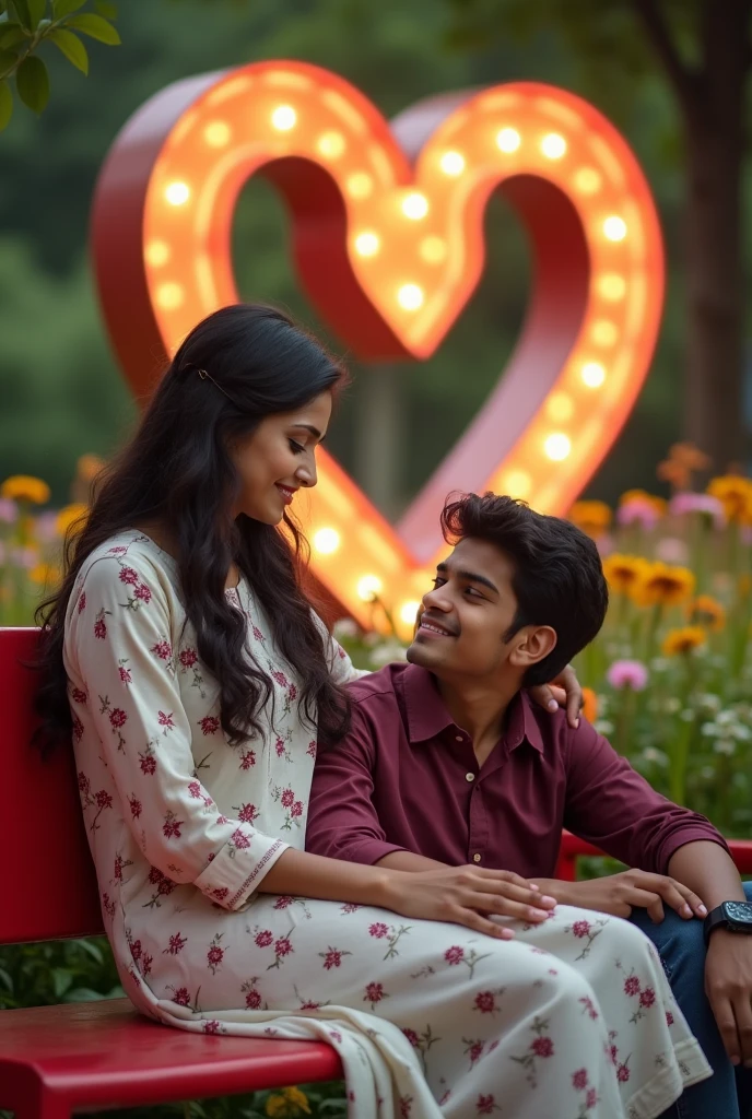 19 years old girl is sitting on  red colour banch in a beautiful park and 20 year old boy is lying on girl lap looking each other with smile in love Park, littel down in your wast, beautiful big 3d lighting love hart in background, beautiful flowers in park. boy wearing maroon shirt. The girl wearing white and maroon flowers printed kurti, with smart watch. with name khushi & abhi written on hart. they are looking so Pretty, cute, indian, beautiful chest. High quality 4k pictures”