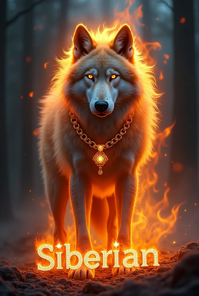 SIBERIAN WOLF ON FIRE WITH GOLD CHAIN AND DIAMOND SIBERIAN NAME BELOW 