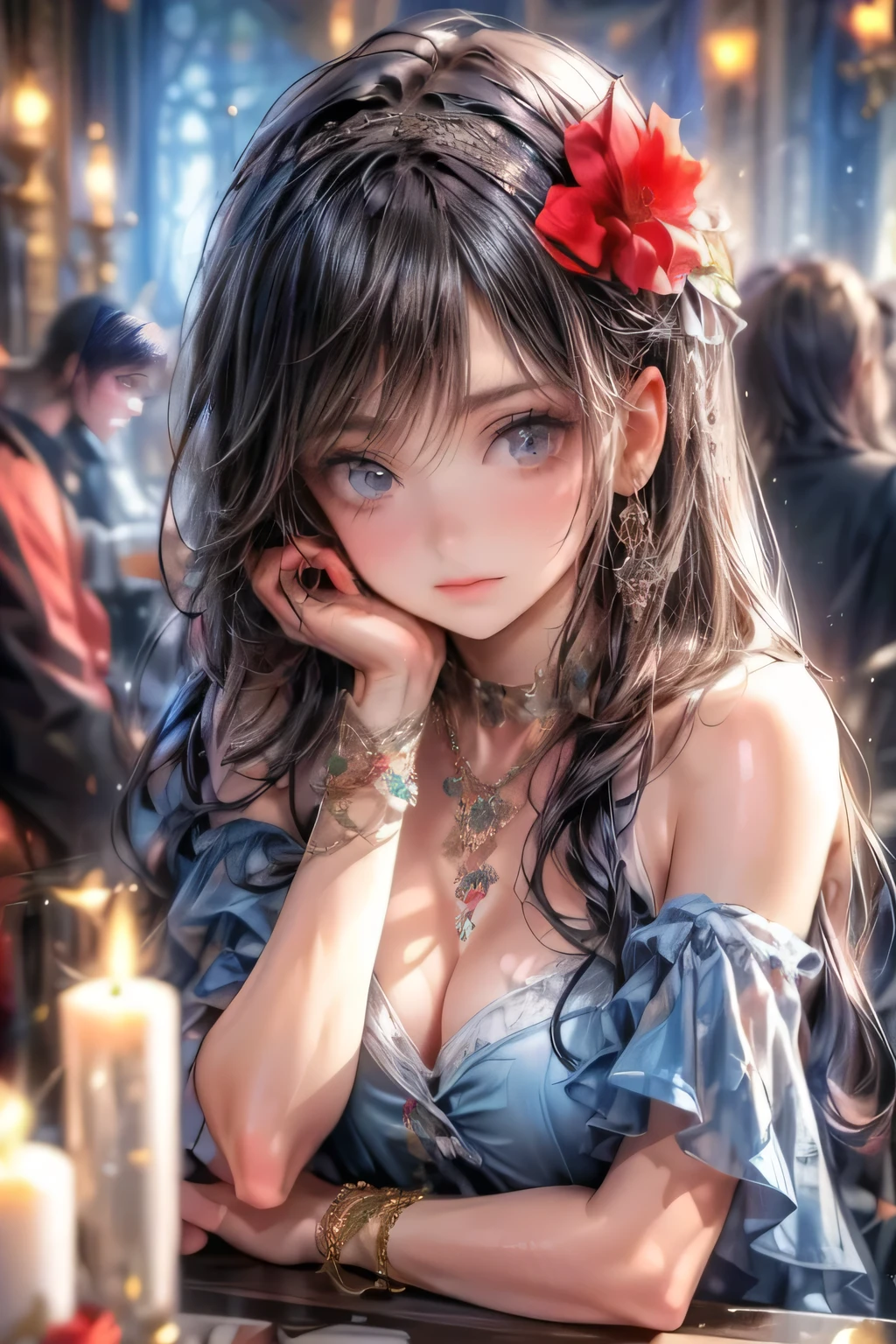 playing card game, beautiful girl is holding down a tarot card in front of a candle, 1girl, solo, flower, card, blue eyes, black hair, long hair, hair flower, hair ornament, breasts, red hairband, red nails, jewelry, blurry, bare shoulders, hairband, choker, necklace, nail polish, looking at viewer, bangs, lips, collarbone, indoors, dress, depth of field, cleavage