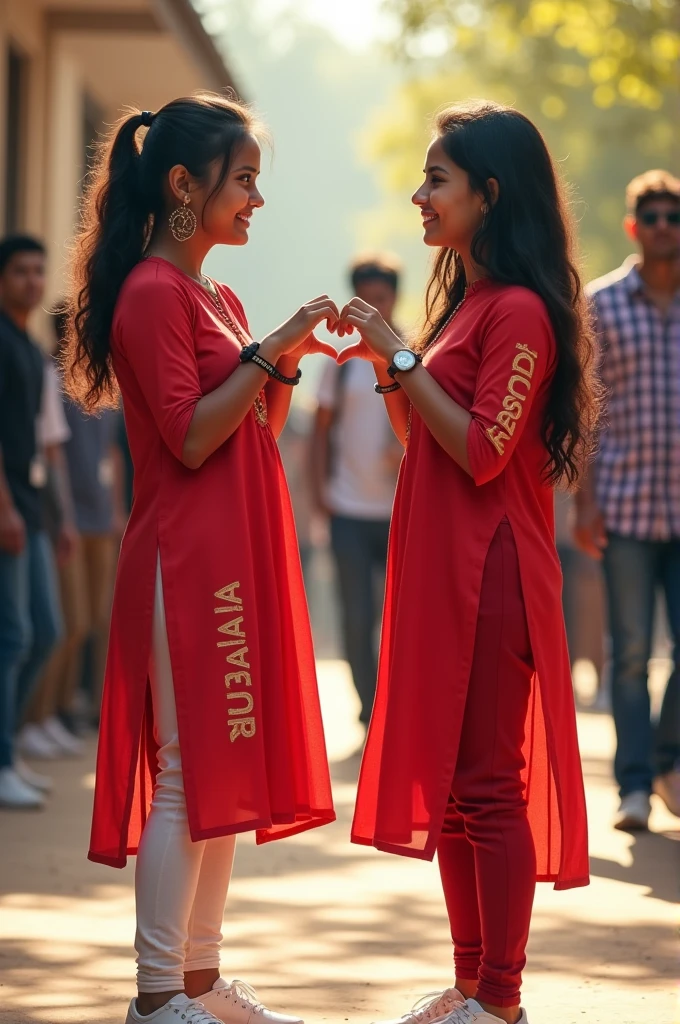 A real 18 year old Indian girl is standing in college outdoors, and next to him another real 18 year old Indian girl making heart with each other and both wearing Red kurti with dupatta and college looks, the first girls kurti has "TASMI"printed on it bold latters. And the other girls has a kurti with "RUBAIYA" written on it bold latters, both are smiling, white shoes, watch, stylish hair,college students in the background,blaring 32K ultra detailed