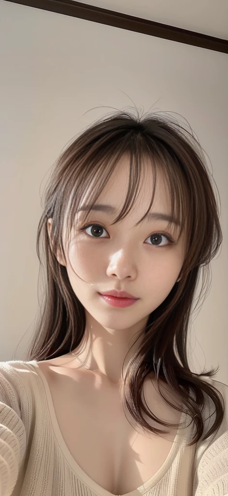 1japanese girl, brown hair, long hair,black shirt,blue pants,cool face,丸い形をした nose, black eyes,best quality, masterpiece, ultra high resolution, super detailed, photorealistic, intricate details, cinematic lighting, dramatic shadows, muted color palette, seamless blending, highly realistic, volumetric lighting, depth of field, hyperrealism, award-winning photography,upper body,from front,front view,white background,looking at viewer,垂れ目