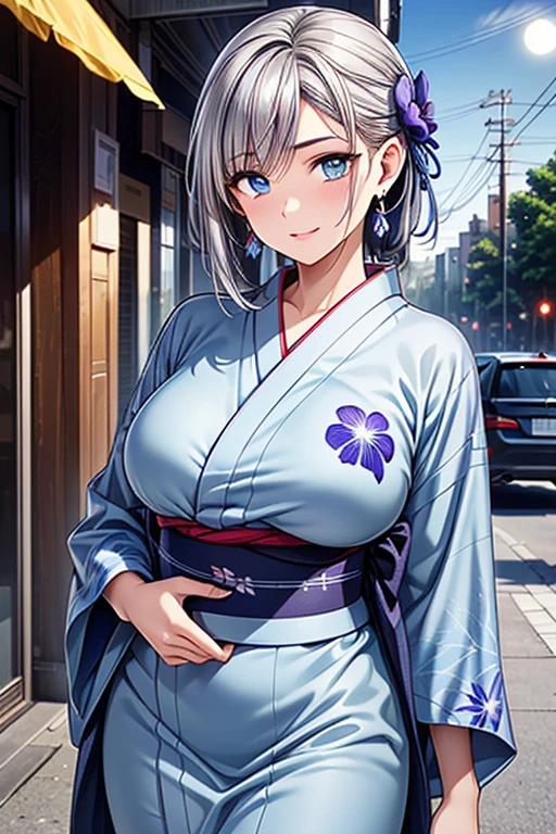 #Basics A girl is posing for a photo, (((One Girl))), (((:1.4)) + ((cute:1.4)) + ((15 years ak 

#Clothing Accessories 
((Light blue yukata:1.4)) : ((Long hem)) + ((Morning glory embroidery:1.4)) + ((Long sleeve)) + ((Wide sleeves)), 
(Blue hoop earrings), 
break 

#Features 
((Silver Hair:1.2)) + ((Center-parted bangs:1.5 + Very long side bangs)) + ((Low Ponytail : Short Hair + Curly hair + Braided Hair)), 
((Droopy eyes:1.4, Big eyes:1.2), blue eyes), (Neutral facial features), 
break 

#background environment 
((night, A sidewalk in a downtown area where you can see the full moon + street vendors)), 
#Facial Expression Pose  
(smile, blush), (Standing pose with palms lightly placed on the sides of the hips), 
#composition 
(Look into the camera), ((Character Focus), (Angle from the front), (Cowboy Shot)), 
break 

#Body parts elements 
(Slim figure), 
(Symmetrical facial features), 
(Detailed Hair, Beautiful Hair, Shiny Hair), 
(double eyelid, Long eyelashes, Thin eyebrows:0.5, Thin eyebrows:0.5), 
(Expression of fine eyes, Beautiful and delicate eyes, Sparkling eyes, Eye Reflexes, Glitter Eyeliner), 
(Human Ear), 
(Beautiful Nose, Thin Nose), 
(Glossy Lips, Beautiful Lips, Thick lips), 
(Detailed skin, Textured skin, Beautiful Skin, Oily skin), 
break 

#Quality Image Quality Common 
(((Highest quality)), ((masterpiece:1.3)), ((Very detailed))), ((Ultra-high resolution)), ((16K, 1080P)), ((Full HD)), 
(Anatomically correct), (Realistic), (3DCG), (Oil painting), 
((comics, anime)), (CG illustration), (RAW Photos), 
