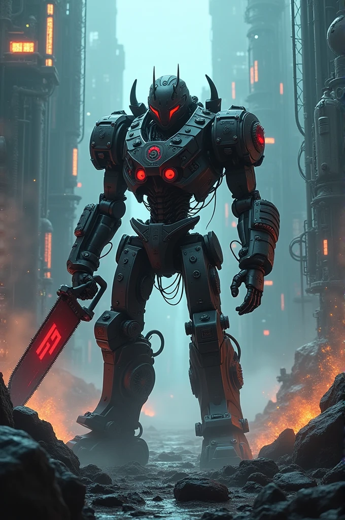 Dark_fantasy,cyberpunk,(chain saw,chain saw man,Red:1.1),1man,Mechanical marvel,Robotic presence,Cybernetic guardian,