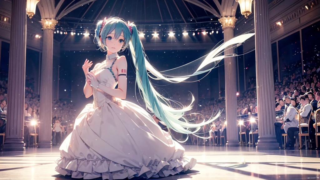 In the ballroom where Hatsune Miku shines、Under the dim light、Wearing an elegant dress、A moving final dance