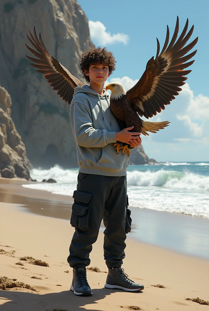 A 15 year old boy wearing a hoodie and black cargo pants holds an eagle in his hand behind a beach