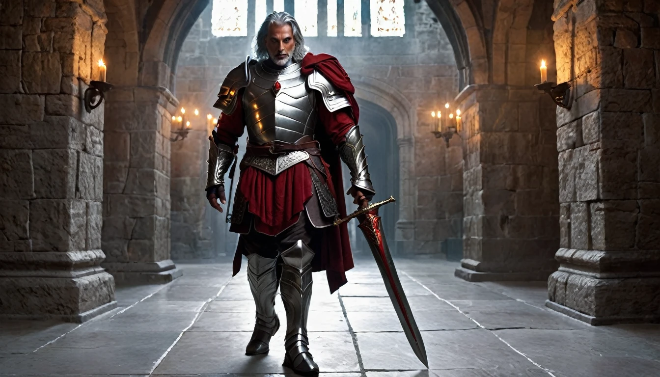 ((masterpiece, The silver armor is beautifully detailed and decorated.,Gorgeous filigree armor, Detailed fantasy armor)), Inside a stone building, Stone slabs scattered on the floor, A muscular man in armor walking towards the front, dim, Gray Hair, Candles along the walls light up the room., Holding a large rapier, A beautiful dark red twisted rapier, Wearing a dirty cloak, Under his armor he wears a dirty dark crimson loincloth.,There are three small orange gems lined up on the chest., Beautiful metal with fine white detailing on the shoulders