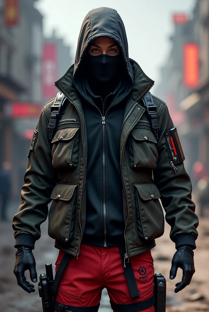 A free fire character with a black mask with a barracks jacket and red and black pants