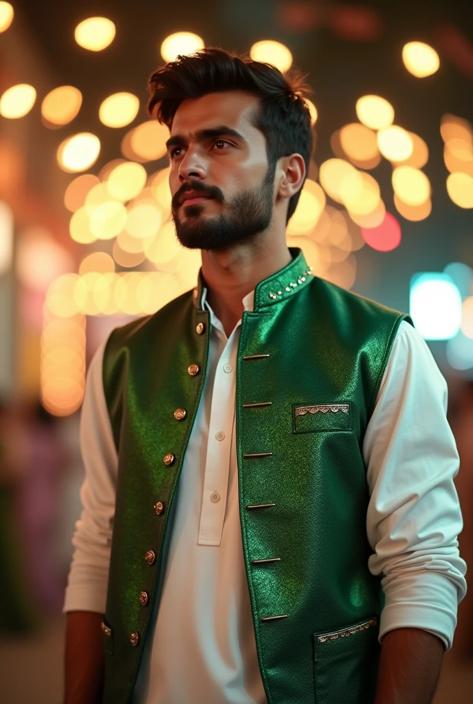 a handsome beautifull man, dressed in a outfit of white kurta shalwar and shining designed green jacket or wastecoat
, embodying the essence of "Jash e Azadi." The background with blur lights and celebrations representing the festive spirit of independence. ..
image lighting should should be white face daytime