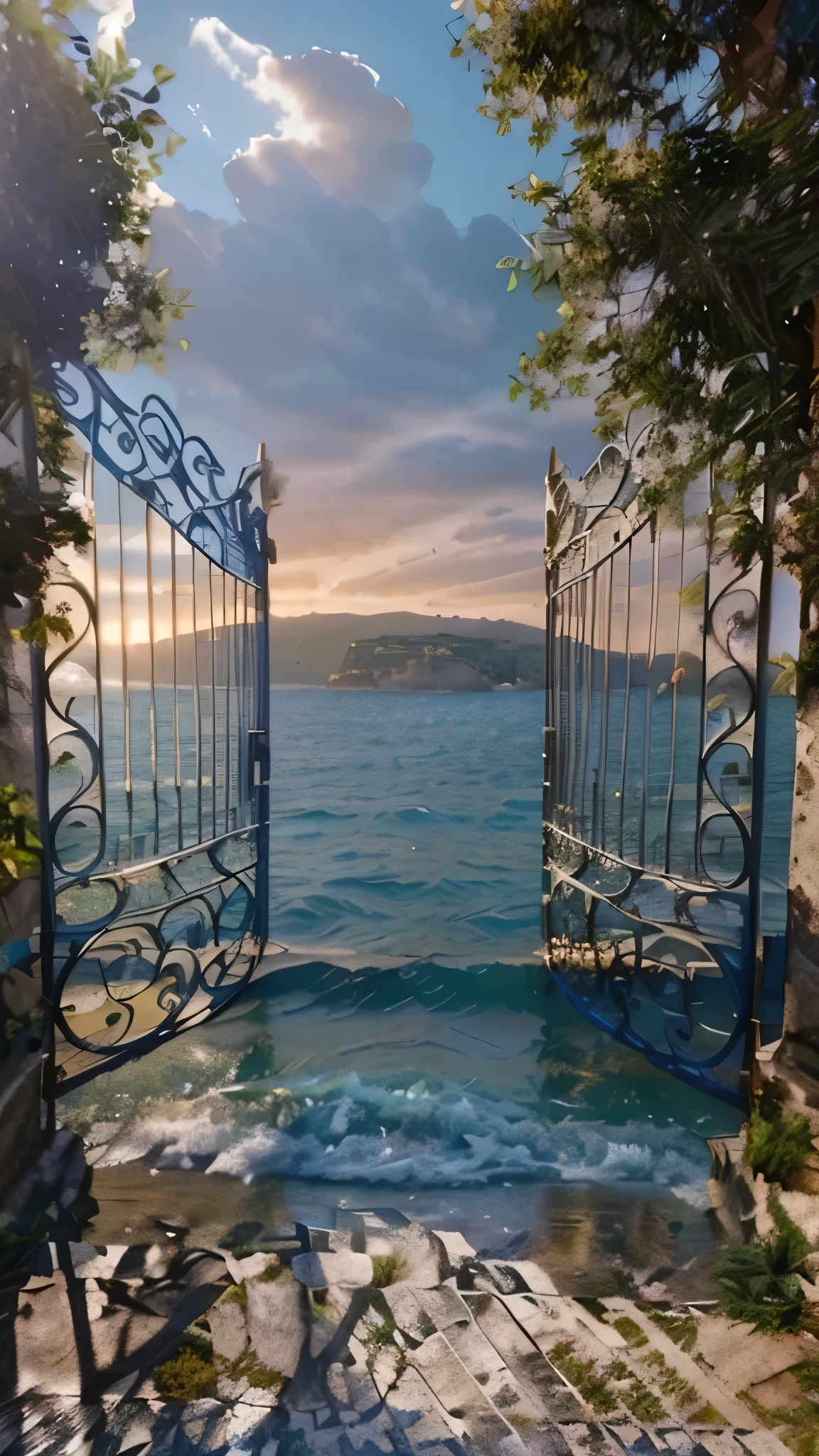 A metal gate overlooking the Mediterranean sea in Italy, intricate detailed metal gate, detailed sea waves, rocky coastline, dramatic cloudy sky, sunlight shimmering on the water, ancient stone architecture, lush green foliage, (best quality,4k,8k,highres,masterpiece:1.2),ultra-detailed,(realistic,photorealistic,photo-realistic:1.37),cinematic lighting,dramatic shadows,vibrant colors,cinematic composition