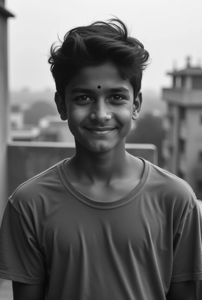 A 15 year old boy standing in terrace black photo indian boy round face