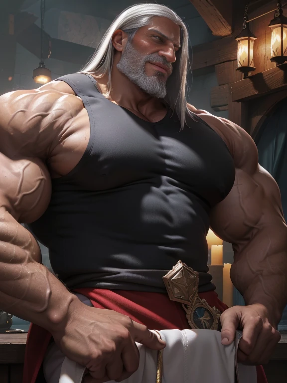 Old man, JP, An award-winning original photo, ( brown skin color),((very dark skin)), long gray hair, full white beard, A wild muscular old man, (80 years old daddy:1.1), sexy old daddy, 1boy, Solo, (tanktop), (big shoulders), musculature, huge chest, huge body, ((big nose)), Tall and burly, Extremely detailed depictions of faces, larger than life nose; make nose cartoonishly huge, stubbles, dark skin, long grey hair, thick grey beard, Detailed face, (evil smile), blue eyes, veins, wrinkles, big old man nose, nose with pronounced bridge and outward curve that protrudes from the base of the nose, robust appearance, dark olive skin color, brown skin, veins, absurdly huge nose, hawk nose, convex nose, well groomed moustache, (flexing his biceps), detailed nose, Dynamic Angle, volumetric lighting, (Best quality, A high resolution, Photorealistic), Cinematic lighting, Masterpiece, RAW photo, Intricate details, ((big convex nose)), head looking above, hdr, upper body shot, absurdly huge bulge, broad shoulders, sweaty body, colossal, muscle domination, enormous physique, big crotch, giant, thick arms, thick thighs, veiny hand, 