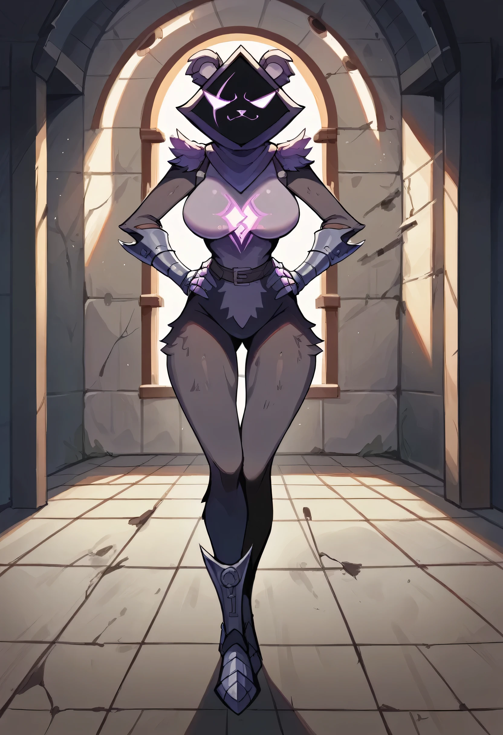 Masterpiece, best quality, Masterpiece, best quality, 1 woman , Raven ( fortnite ) , Fluffy , purple eyes , sly face , indifferent face , abdomen , big breasts , Long legs , hands on hips , abandoned factory , at night