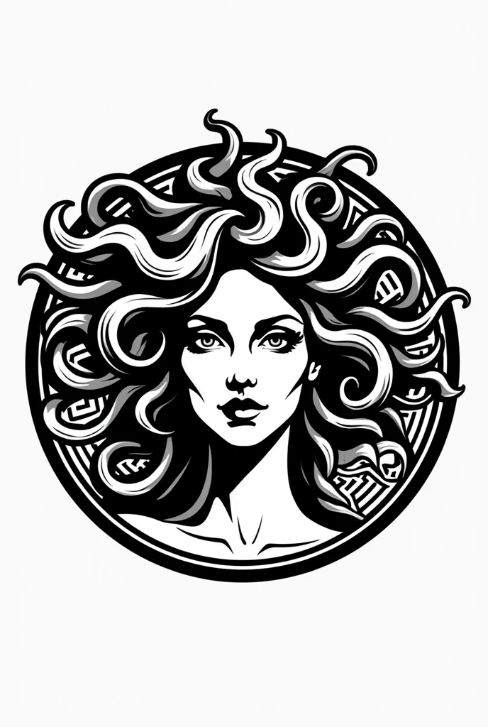 medusa, the ancient greek, woman head logo. Vector illustration of a female face inside a Versace-style circle in black lines