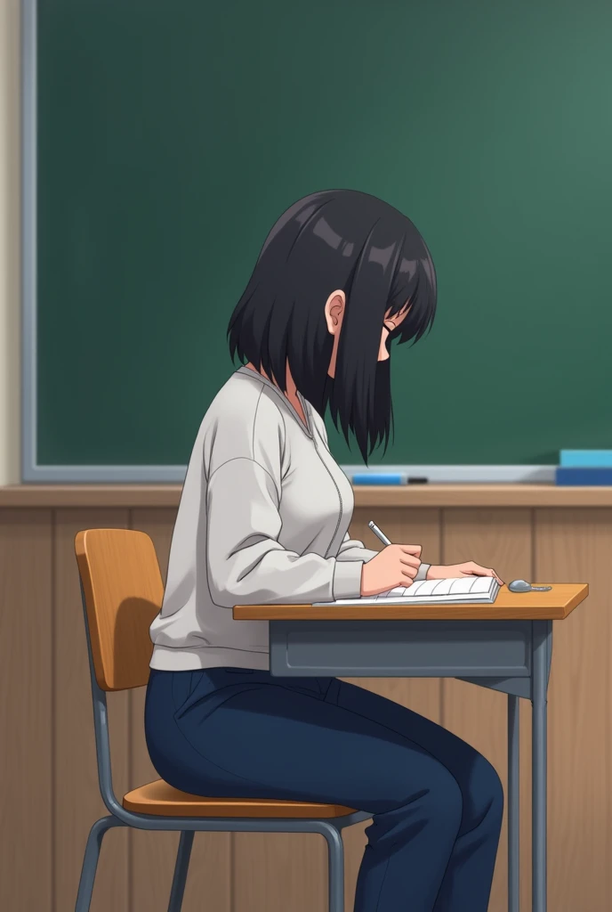 Can you imagine an anime style girl with shoulder-length black hair, a little chubby, wearing navy blue sweatpants, sitting at her desk and sitting back down looking at the blackboard?