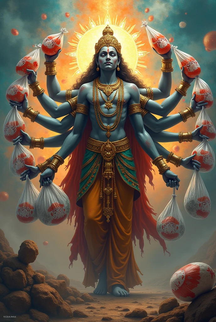 An hindu divinty with 28 arms each one carry a plastic bag
