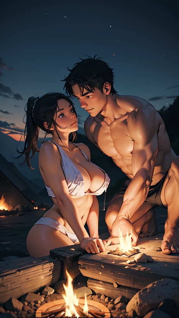 A couple is romancing across the camp on the mountain. The women are without clothes and have big hips. It is night and a fire is burning.