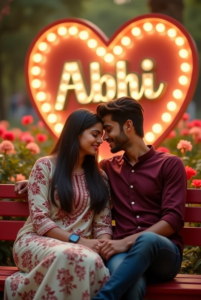 19 years old girl is sitting on red colour banch in a beautiful park and 20 year old boy is lying on girl lap looking each other with smile in love Park, littel down in your wast, beautiful big 3d lighting love hart in background, beautiful flowers in park. boy wearing maroon shirt. The girl wearing white and maroon flowers printed kurti, with smart watch. Highlights with name khushi & abhi written on hart. they are looking so Pretty, cute, indian, beautiful chest. High quality 4k pictures”