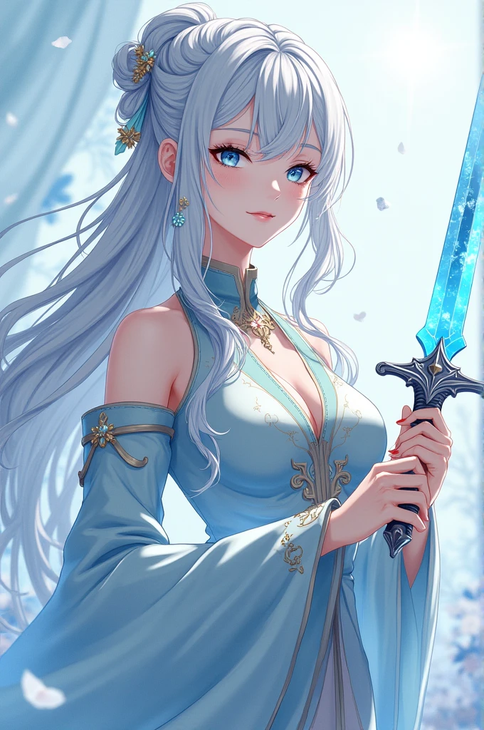 slender and graceful female anime character with an ethereal, otherworldly beauty, her skin is pale and smooth, with an almost porcelain-like quality, her long flowing hair cascades down her back, a mix of silvery white and soft blue hues that shimmer in the light, often depicted in intricate braids or loose waves, her eyes are a striking shade of icy blue, deep and mysterious, often giving off a gentle, yet enigmatic, glow, she is adorned in elegant, traditional robes that blend modern and ancient designs, featuring soft pastel colors with floral patterns, accentuated by delicate gold embroidery, her attire includes flowing sleeves and a high collar, adding to her regal and serene appearance, she wields a icy sword weapon, which is often glowing with a faint light, symbolizing her connection to powerful, arcane forces, her presence is calm and composed, exuding an aura of wisdom and quiet strength
