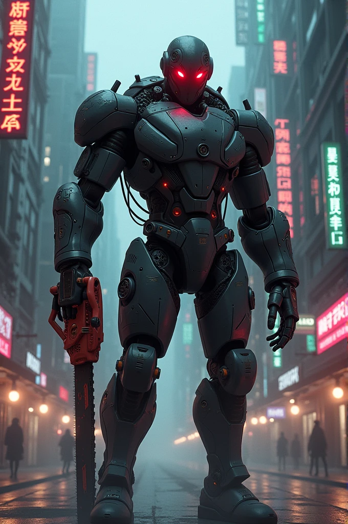 Dark_fantasy,cyberpunk,(chain saw,chain saw man,Red:1.1),1man,Mechanical marvel,Robotic presence,Cybernetic guardian,