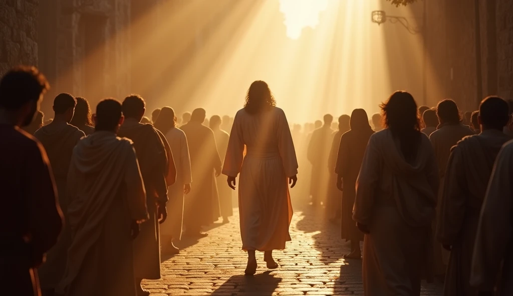 JESUS ​​in the middle of the crowd healing a man in the middle of the street and a ray of light on JESUS